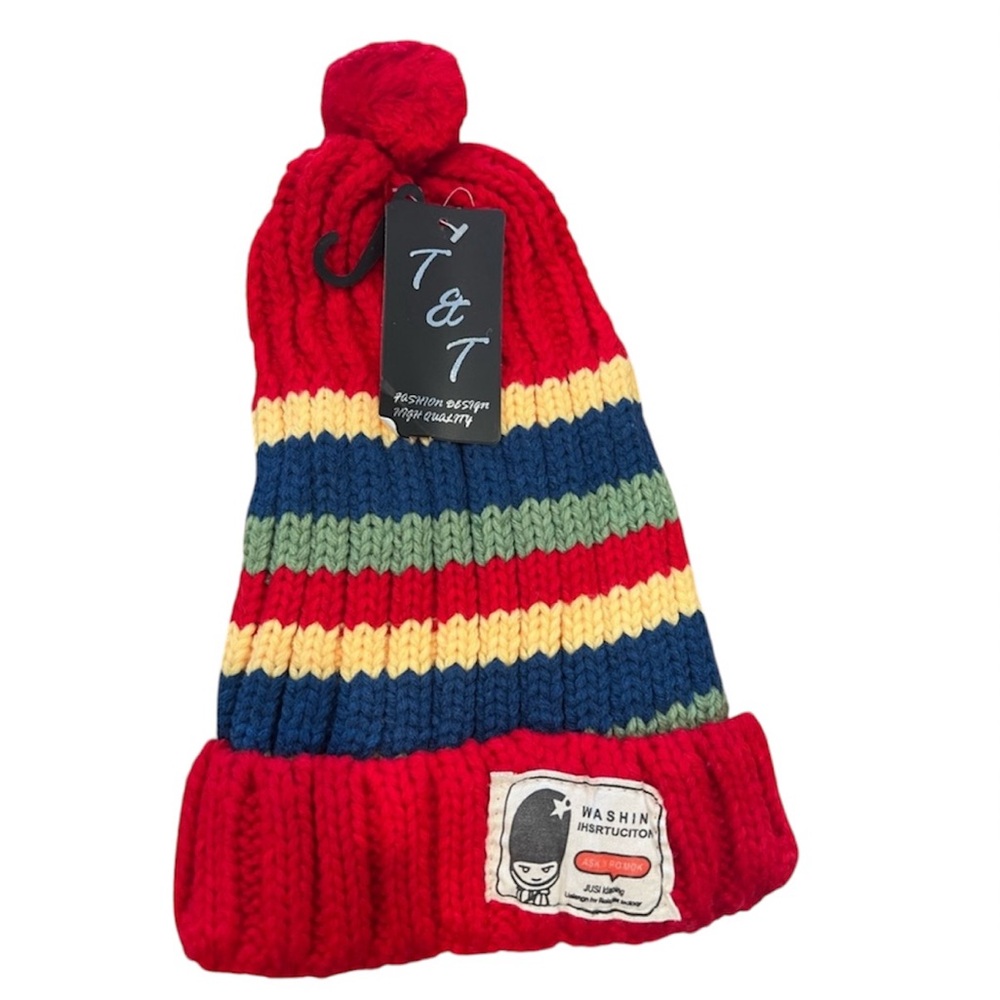 T & T winter beanie with Pom Pom fur lining red multicolored cozy